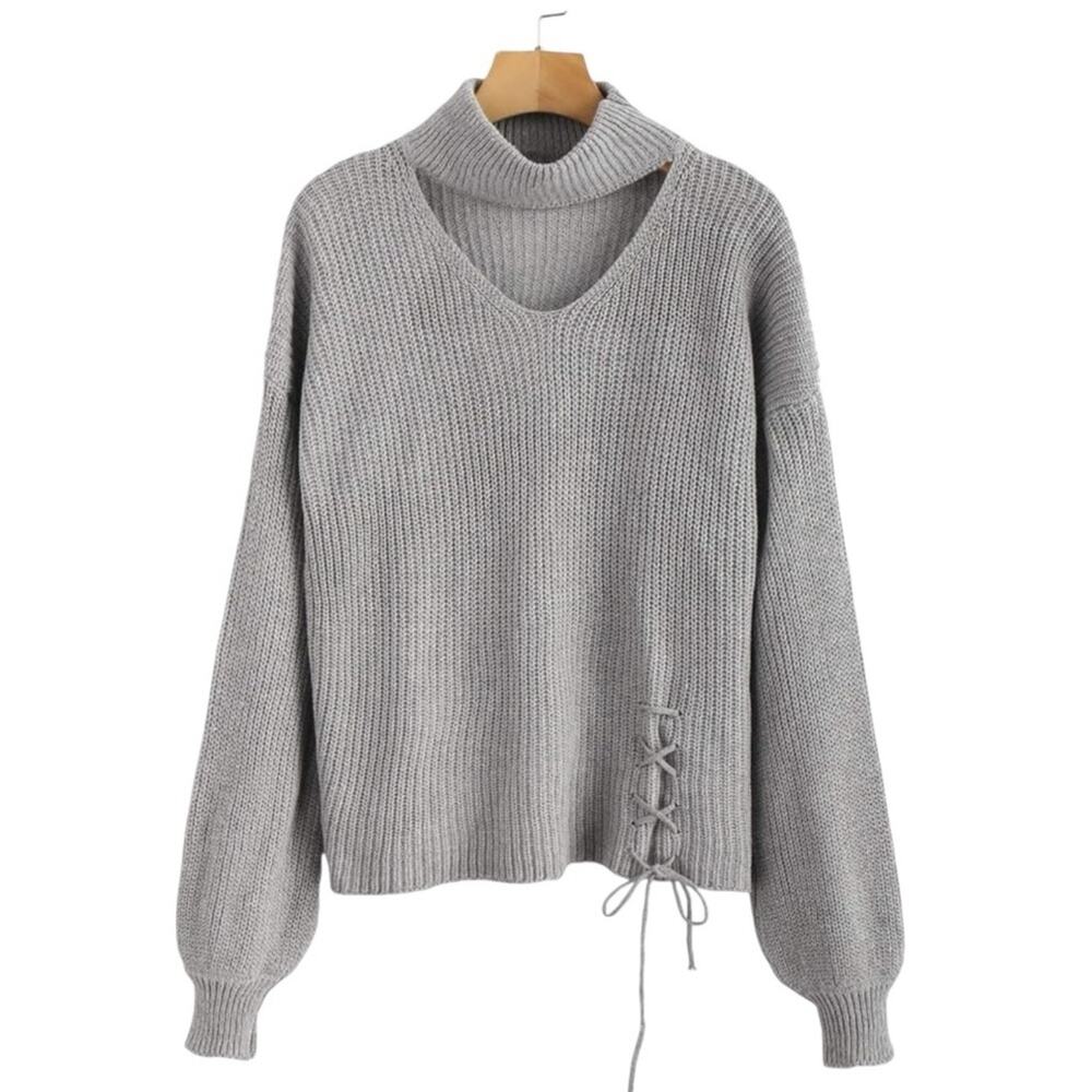 NEW BGZ Halter Loose Knitted Chunky Choker Pullover Sweater Light Gray L NWT